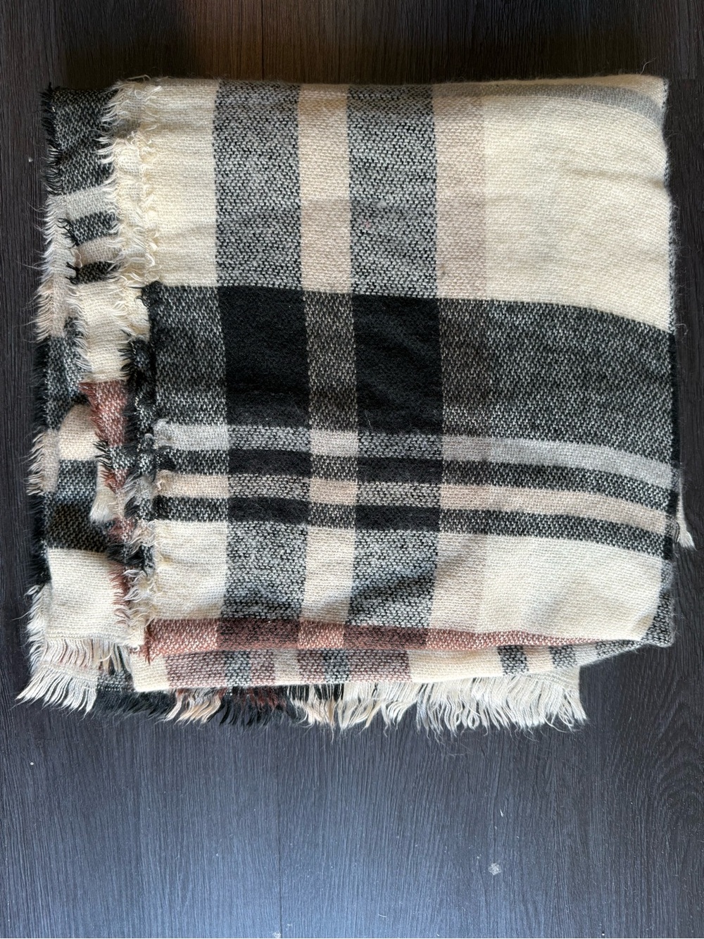 Cozy Plaid Fringe Blanket Scarf - Black, Cream & Tan